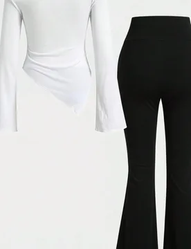 Conjunto de 2 piezas para niña preadolescente, top de punto ajustado de manga larga y pantalones acampanados en color negro & blanco, estilo casual, - Shein - FashionsVida