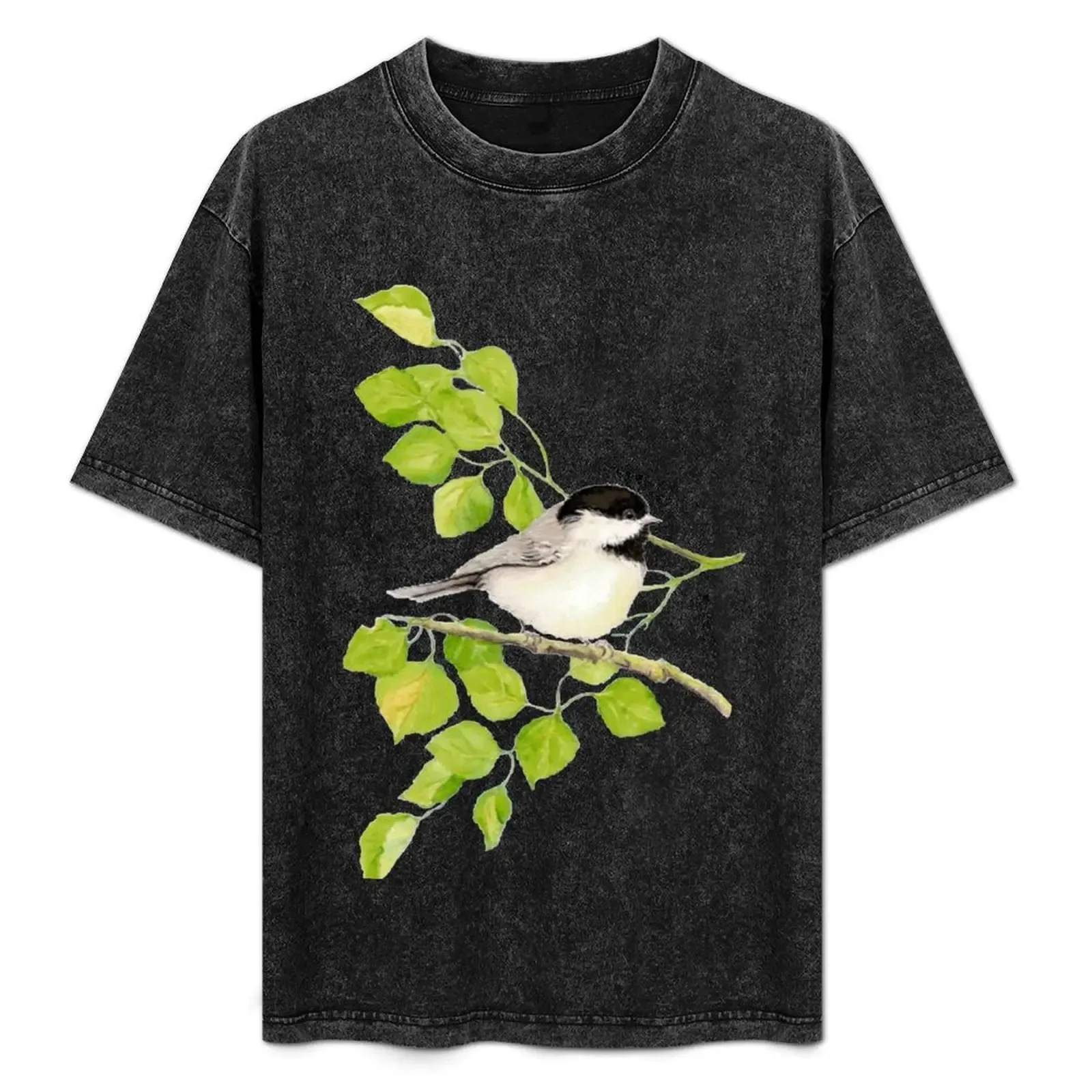 Watercolor Chickadee Bird in Poplar Tree T-Shirt Soft Basic Cotton Short Sleeve Tee - Aliexpress - FashionsVida