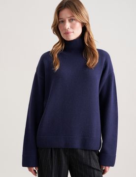 Boxy Rollkragenpullover aus Wolle und Kaschmir Blau M
