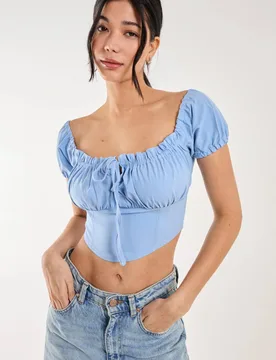 Women's Bengaline Puff Sleeve Top in Blue Size: Medium - Blue - Size: M - Pink Vanilla - FashionsVida