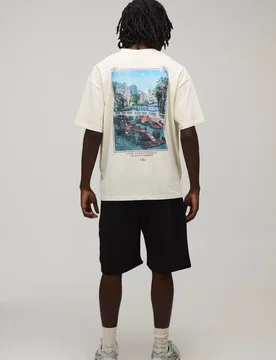 Mens Oversized Monte Carlo Photographic Print T-Shirt & Short Set - Ecru Cotton - Size Small - boohooMAN - FashionsVida