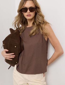 Blusa senza maniche con allacciatura sul retro in viscosa con miscela di lino - marrone