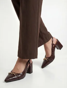 Womens Wide Fit Darcia Snaffle Detail Pointed Block Heel Slingback Court Shoes - Chocolate - Size 5 Wide Fit (Uk Shoe) - Wallis - FashionsVida