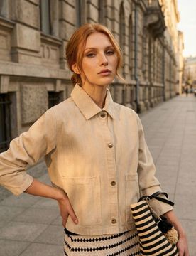 Джинсова куртка з вишитим краєм - beige