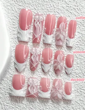 Piezas de uñas postizas de estilo romántico hechas a mano, juego de uñas de polygel, floral esculpido blanco, perla, lazo rosa claro de ballet, esm - Shein - FashionsVida