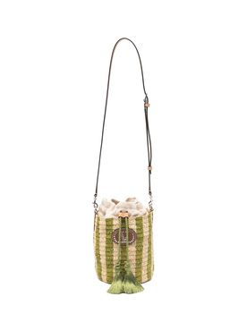 VLogo Signature Small Leather-trimmed Striped Raffia Bucket Bag