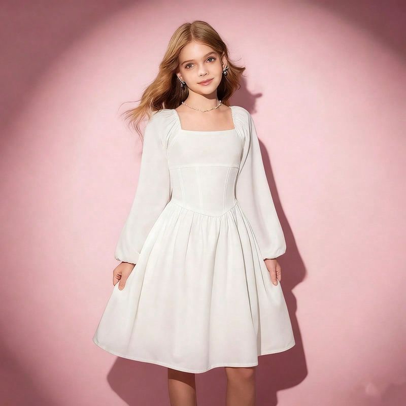 Vestido largo de manga larga con corte evasé y estilo elegante y lindo para niñas preadolescentes en Halloween, vestido blanco, adecuado para primav