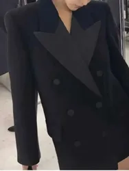 New Elegant Blazer Coat European Style Lapel Double Breasted Black All Match Mid Length Jacket Women Spring Autumn
