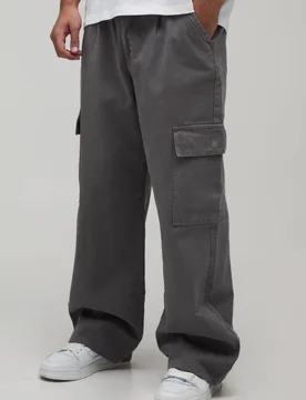 Herren Weite Passform Halb & Halb Bund Cargotasche Gewaschene Twill Hose Slate Grey Größe Medium - boohooMAN - FashionsVida