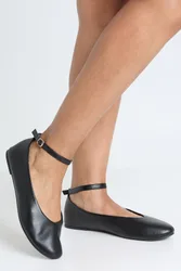 Womens Round Toe Ankle Strap Ballet Flats - Black - Size Uk 8