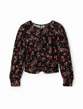 Blouse froncée fleurie, Viscose, Noir, XS