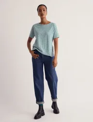 Pure Cotton Striped Slash Neck T-Shirt Teal Mix female