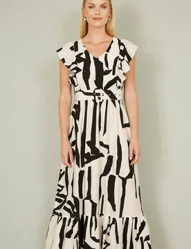 Women's Ivory Abstract Print Viscose Midi Dress With Matching Belt in Beige Size: 14 - Beige - Size: 14 - Yumi - FashionsVida
