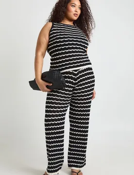 Womens Plus Crochet Stripe Knit Top And Wide Leg Co-Ord - Monochrome Multi Cotton - Size 28 Uk - Boohoo - FashionsVida