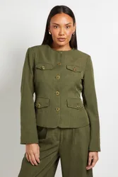 Utility Collarless Textured Jacket - Khaki - Size: 12