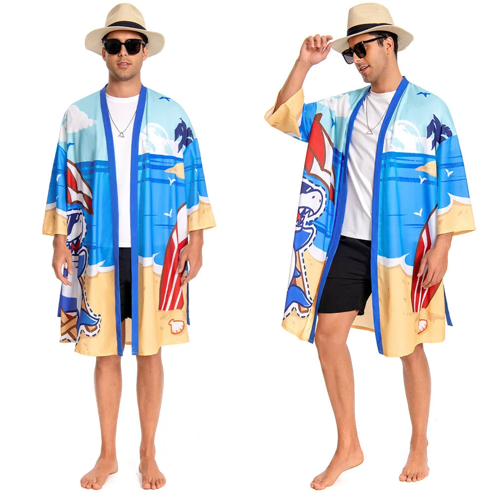 Men Blue Shark Printed Pattern Kimono Robe Bathrobe Beach Smock Lightweight Swim Jacket - S - OLAOLA - FashionsVida