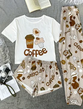 Conjunto de pijama con parte superior, pantalones cortos y pantalones con estampado de letras y gráficos - Shein - FashionsVida