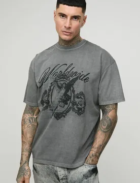Herren Tall Oversized Renaissance-Print Washed T-Shirt Charcoal Größe Medium - boohooMAN - FashionsVida