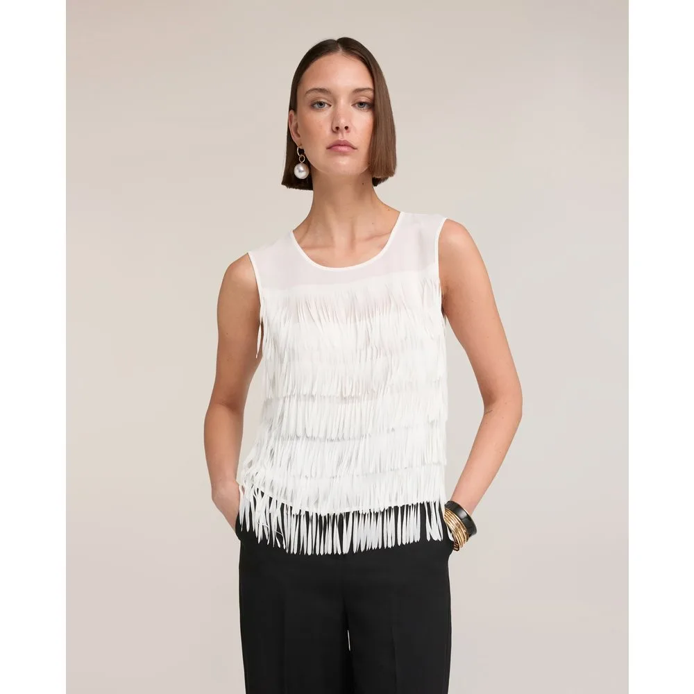 Top de mujer de georgette con flecos escote redondo - Motivi - FashionsVida