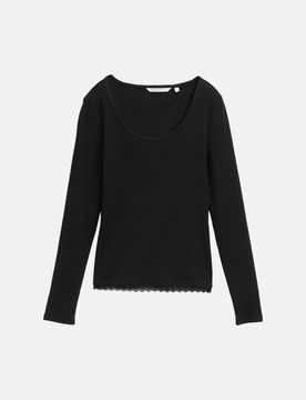 Langarmshirt mit Spitzen-Detail Schwarz S