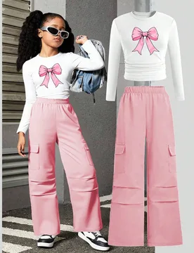 Set de 2 piezas: Blusa de manga larga con estampado de lazo y pantalón cargo de pierna recta, conjunto de estilo callejero para niñas, adecuado para - Shein - FashionsVida