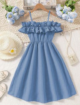 Vestido sencillo de cambio con hombros descubiertos, ajustable y con volantes de tejido informal para niñas, para primavera/verano