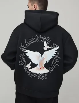 Mens Oversized Limited Edition Dove Bonded Scuba Printed Hoodie - Black Cotton - Size Small - boohooMAN - FashionsVida