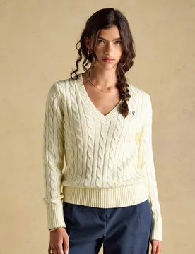 Pure Cotton Cable Knit V-Neck Jumper Cream female - Joules - FashionsVida