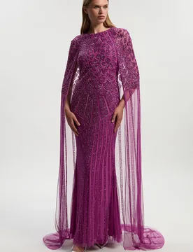 Womens Premium Embellished Caped Maxi Dress - Purple - Size 12 Uk - Karen millen - FashionsVida