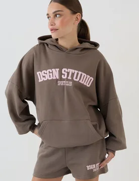 Womens Applique Oversized Hoodie - Taupe Cotton - Size 3xl - DSGN Studio - FashionsVida