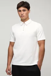 Herren Schmal Geschnittenes Waffelpiqué-Poloshirt Mit 1/4-Reißverschluss Ecru Größe Large