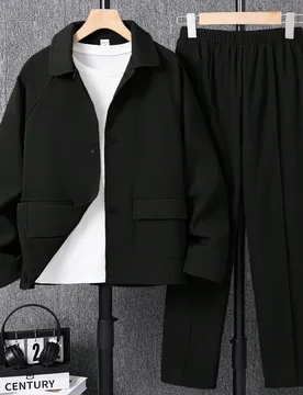Piezas Chaqueta de manga larga con cuello y pantalones rectos para hombres y adolescentes, conjunto de traje de caballero, minimalista clásico versá - Shein - FashionsVida