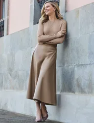 Leather Look Midaxi A-Line Skirt Camel female