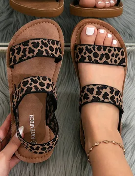 Sandalias de leopardo marrón con estilo retro y casual para mujer, ideales para la playa, citas, vacaciones, barbacoas en la playa, festivales de mú - Shein - FashionsVida