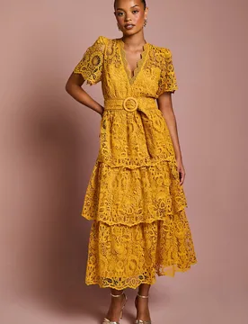Women's Petite Short Sleeve V Neck Tiered Lace Midi Dress in Gold Size: 8 - Gold - Size: 8 - Coast - FashionsVida
