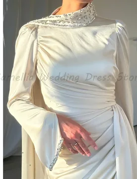 Satin Cape Sleeve Evening Gown High Neck Rhinestone Beaded Ruched Waist Mermaid Formal Wedding Guest Maxi Dress - Aliexpress - FashionsVida