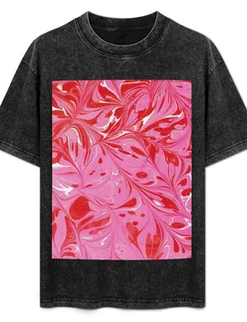 Traditional marbling art Ebru, handmade , red and pink T-Shirt Comfortable Basic Crew Neck Tee - Aliexpress - FashionsVida