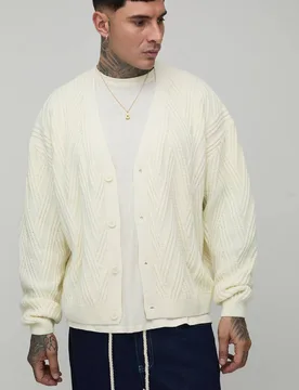 Men's Tall Oversized Boxy Cable Knitted Cardigan Ecru Size Medium Ecru M - boohooMAN - FashionsVida