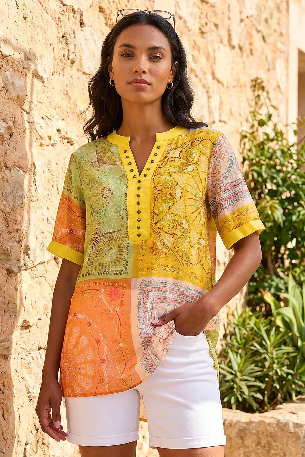 Patchwork Print Top - Yellow - Size: 20 - Roman - FashionsVida