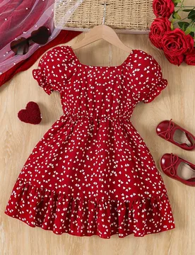 Vestido de cola de pez con cuello cuadrado, mangas abullonadas y estampado de corazones para niñas jóvenes en el Día de San Valentín - Shein - FashionsVida