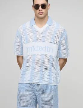 Men's Regular Fit Open Stitch Stripe Football V Neck Knitted Short Set Light Blue Size Small Light Blue S - boohooMAN - FashionsVida