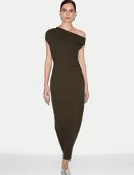 Pure Cotton Asymmetric Neck Midaxi Column Dress Khaki female