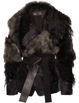 Leather Trimmed Patchwork Shearling Coat - Donna Karan - FashionsVida