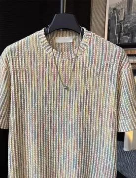 Summer Men's Short Sleeve Jacquard Texture Design Casual Rainbow Colour T-shirt Comfortable Round Neck Versatile T-shirt - Aliexpress - FashionsVida