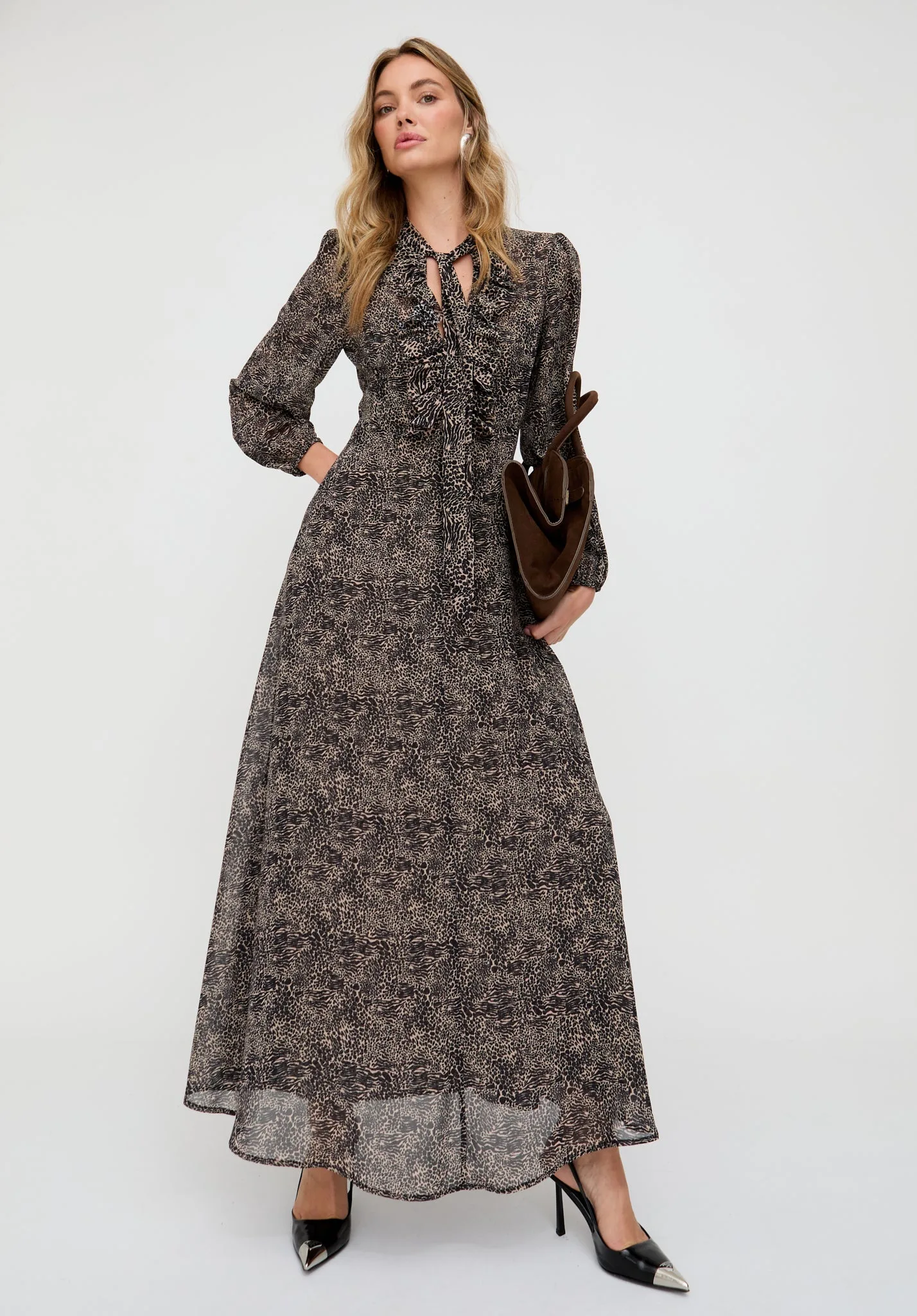 Margot Ruffle Neck Mini Leopard Print Maxi Dress In Brown - 8 - Lily and Lionel London Limited - FashionsVida