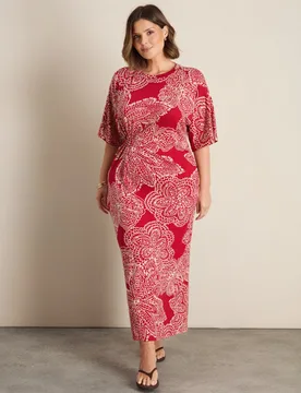 Jersey Floral Midaxi Waisted Dress Red Mix female - Live Unlimited London - FashionsVida