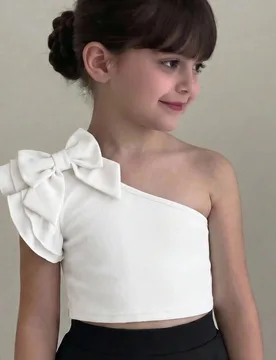 Top de un solo hombro con volantes y lazo asimétrico de unicolor para niñas jóvenes en verano - Shein - FashionsVida