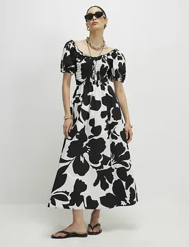 Womens Midi Dress White Monochrome Floral Round Neck Cotton - Size 10 Uk - River Island - FashionsVida