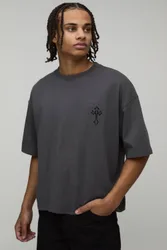 Herren Oversized Boxy T-Shirt mit besticktem Gothic-Kreuz Charcoal Größe Large