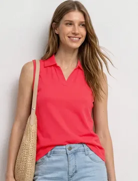 Top in Rippstruktur mit Polokragen female Rot - Street One - FashionsVida